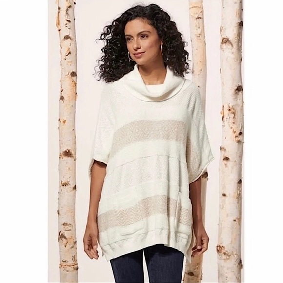 Soft Surroundings Meribel Striped Cowl Neck Poncho Sweater Soft Cozy Oversized - Picture 1 of 11